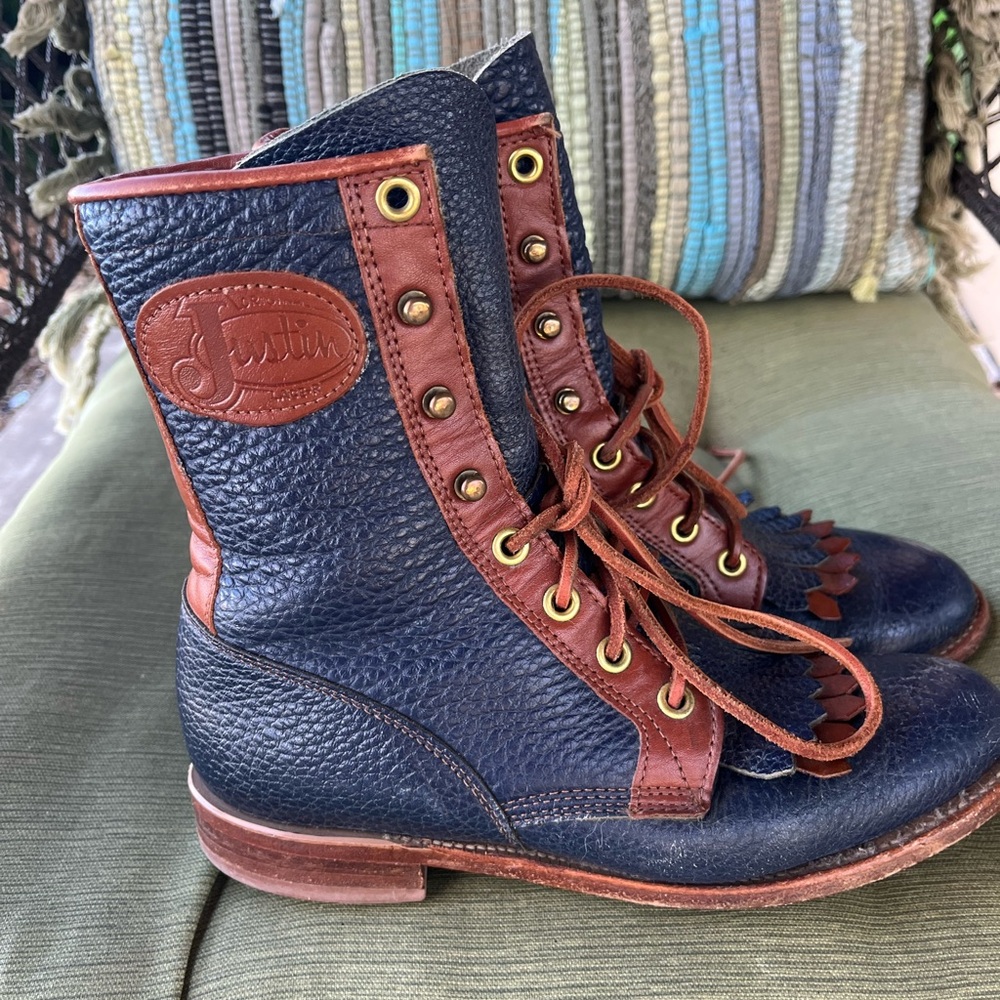 Vintage Justin Roper navy 2 toned Lace-Up Leather lace up boots. Woman’s 4.5 - Picture 3 of 6